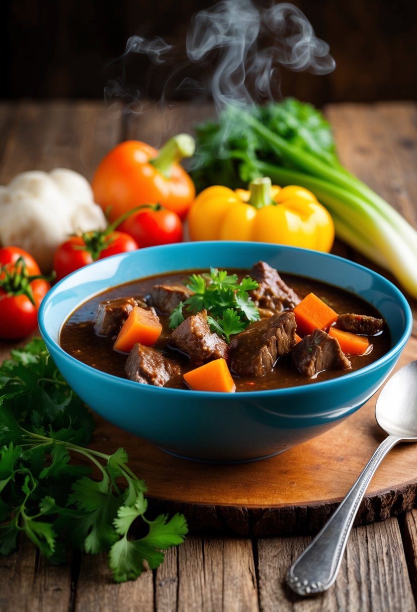 A steaming bowl of keto beef stew surrounded by colorful vegetables on a rustic wooden table